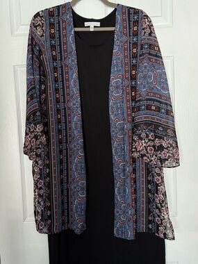 Sandra Darren Black Dress with Blue and Rust Floral Kimono
